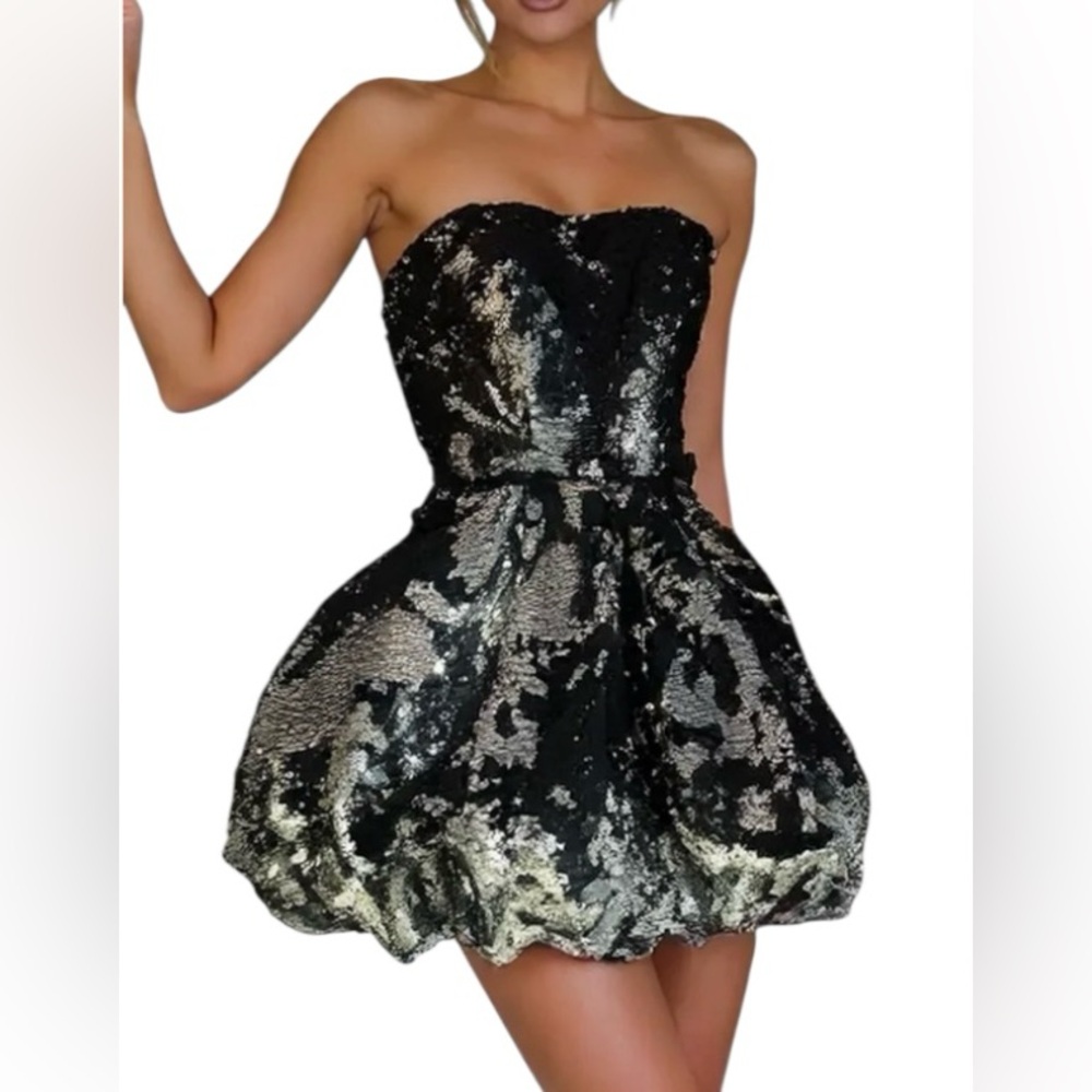 Mori Lee Black and Silver Sequin Dress - Picture 1 of 14